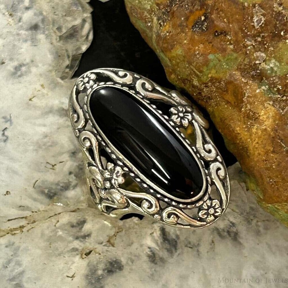 Carolyn Pollack Sterling Silver Oval Onyx Decorated Ring Size 5, 9 For Women